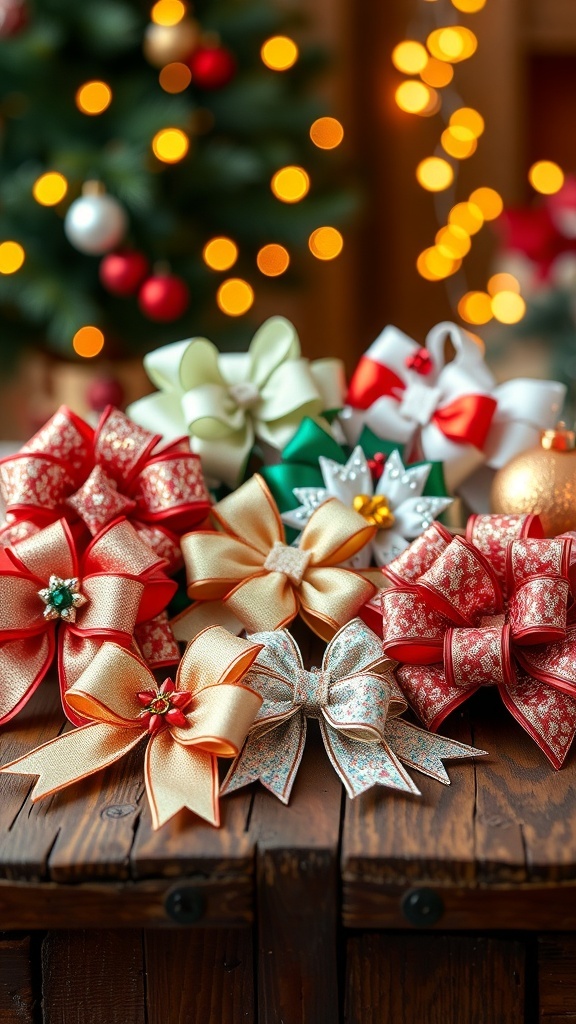 Festive Christmas Bow Decorations A variety of colorful Christmas bows made from ribbons, displayed on a wooden table with fairy lights in the background.
